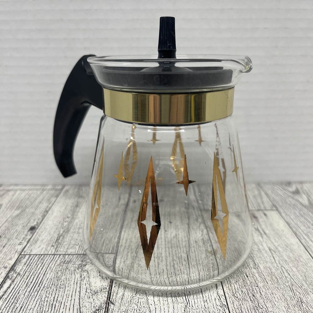 Vintage Pyrex Gold Starburst Glass Coffee Pot Carafe Decanter Black Lid MCM USA
